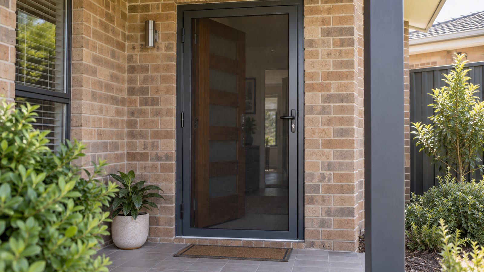 Dark hinged security mesh door with a black lever handle and key cylinder at handle height, in front of a timber entry door